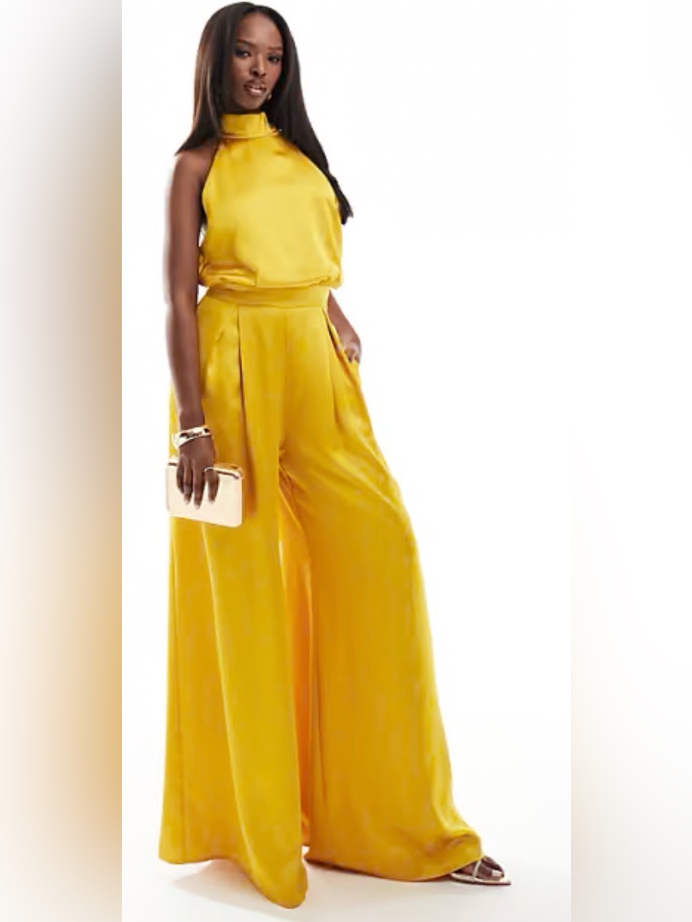 True Violet Gold Satin Halter Wide Leg Jumpsuit Size 12 Backless